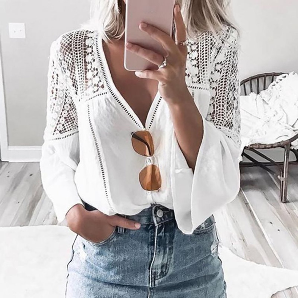 Boho White Lace Button Down Semi Sheer 3/4 sleeve Blouse